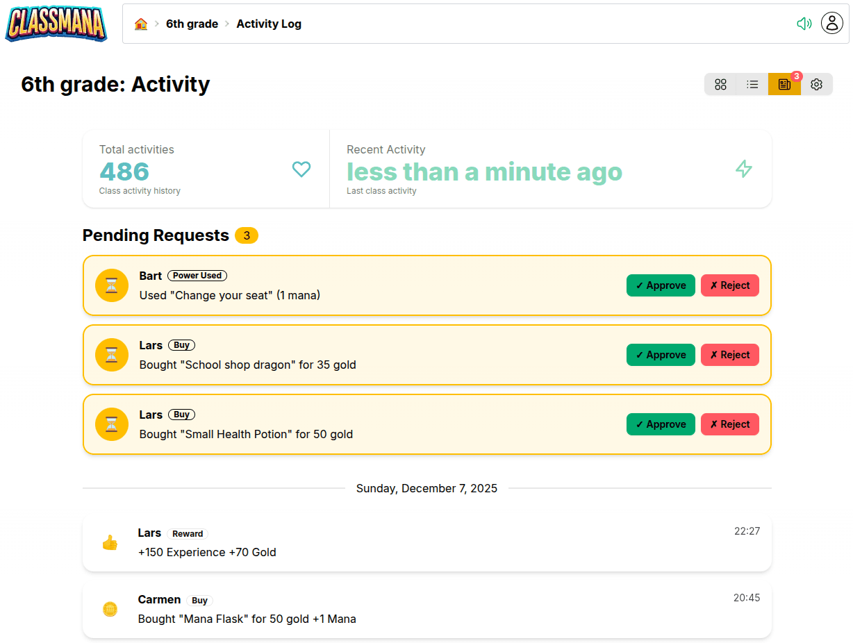 Página de actividad con solicitudes pendientes